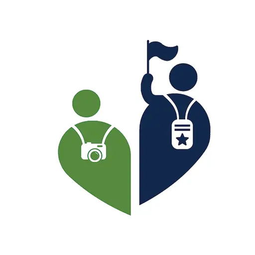 icon depicting a tourist with a camera and a tour guide holding a flag, symbolizing travel and guided tours